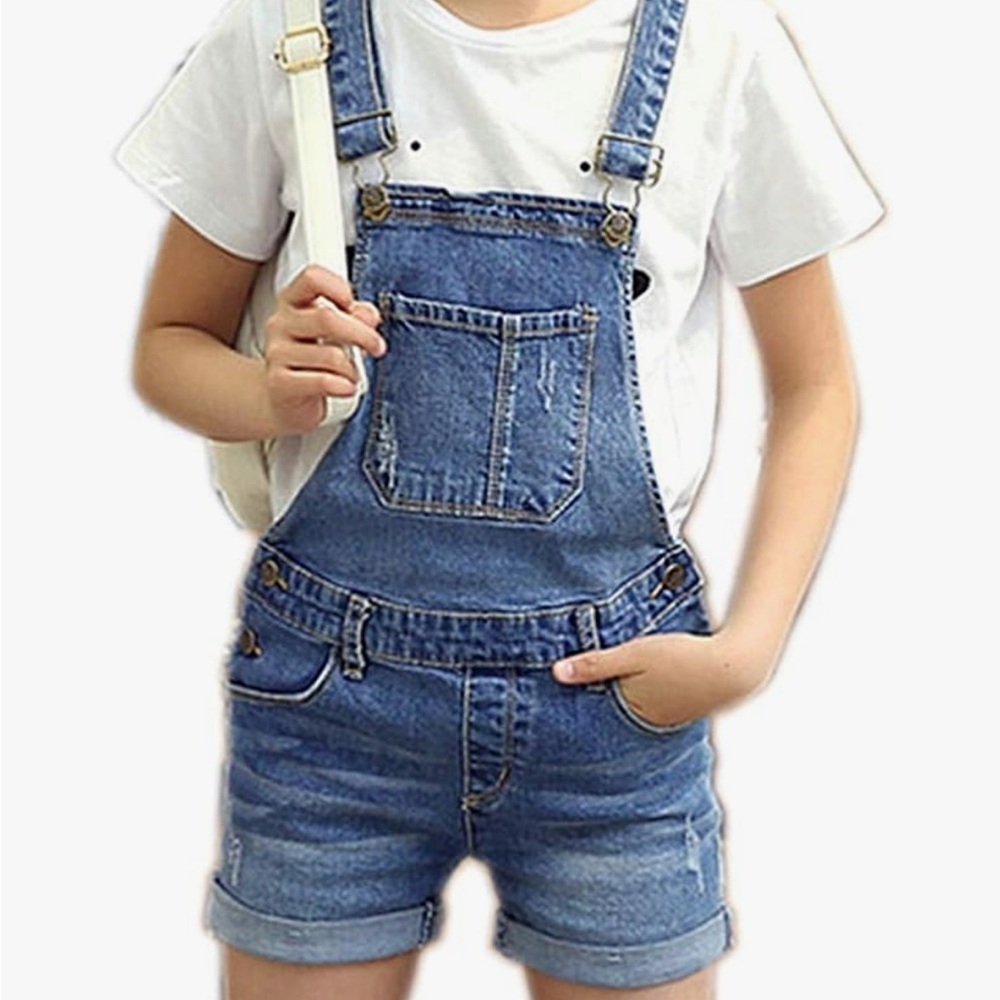 Sitmptol Girls little big kids distressed BF jeans denim overalls size 7/8 years